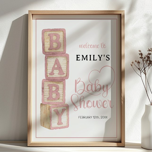 Póster Dusty Rose Baby Blocks Baby Shower Welcome Poster (Baby Shower Welcome Sign)