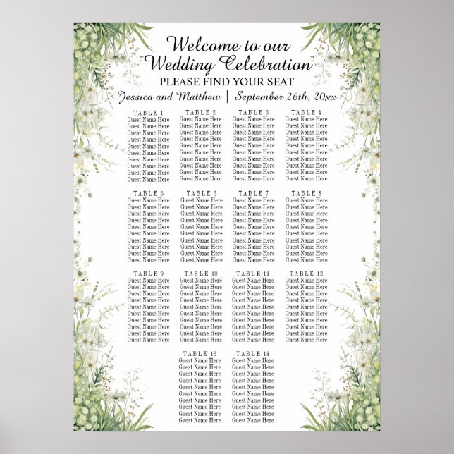 Póster Dusty Sage Green 14 Tablas Asientos Boda (Frente)
