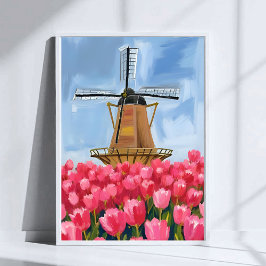 Póster Dutch Windmill Tulip Flower Field Watercolor Art