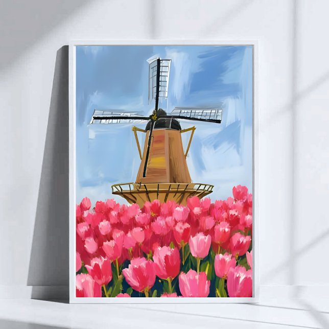 Póster Dutch Windmill Tulip Flower Field Watercolor Art (Subido por el creador)