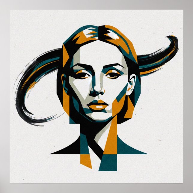 Póster Dynamic Geometric Portrait with Swirling Accents (Frente)