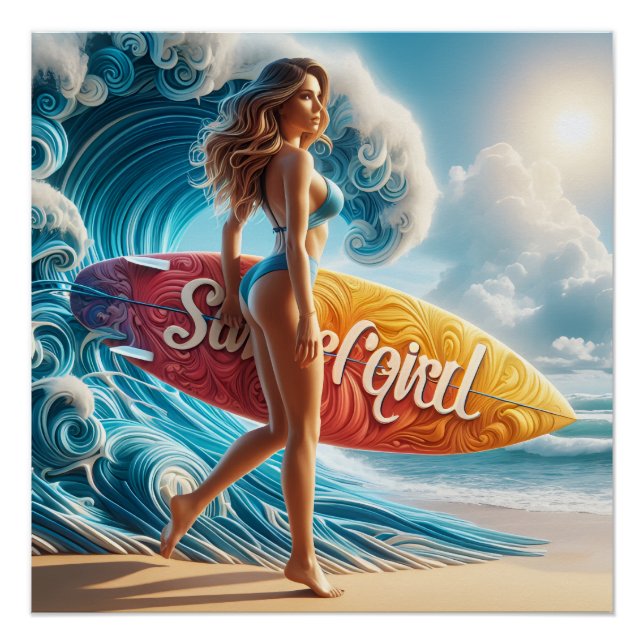 Póster Dynamic Surfer Girl Walking Beach Waves Art (Anverso)