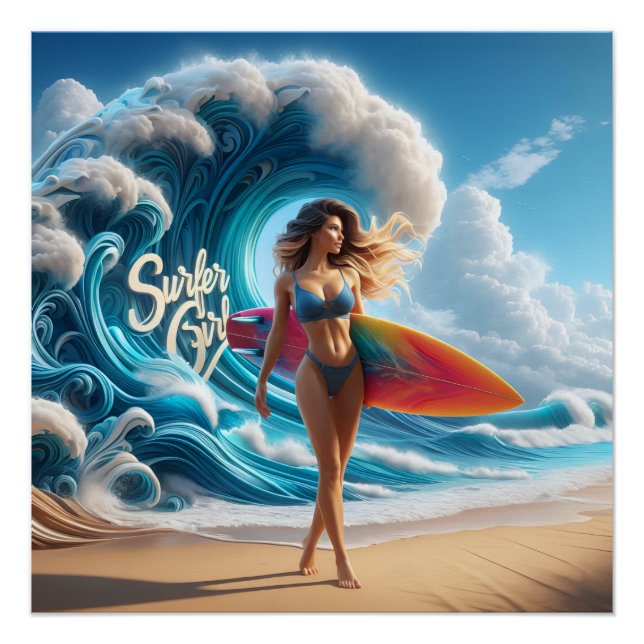 Póster Dynamic Surfer Girl Walking Beach Waves Art (Anverso)