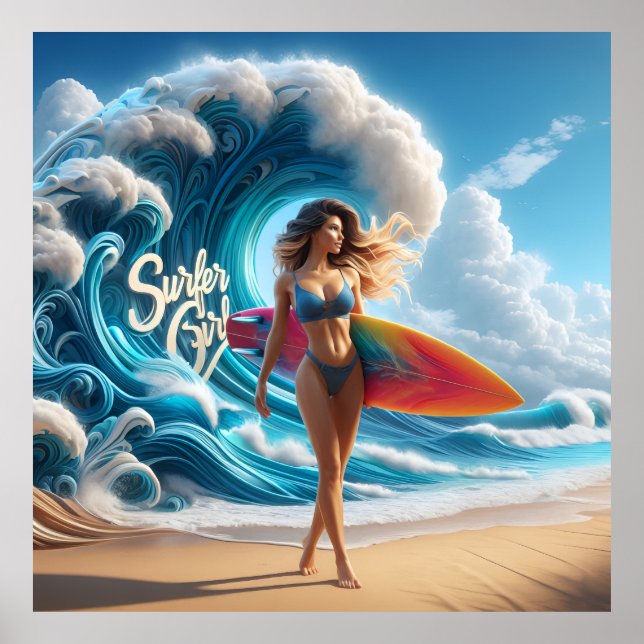 Póster Dynamic Surfer Girl Walking Beach Waves Art (Frente)