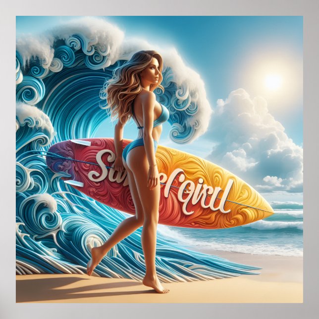 Póster Dynamic Surfer Girl Walking Beach Waves Art (Frente)