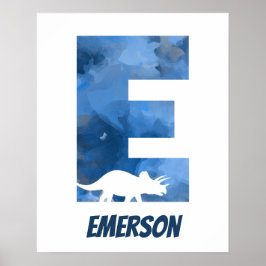 Póster "E" Dinosaurio acuarela Azul Poster de nombre de n