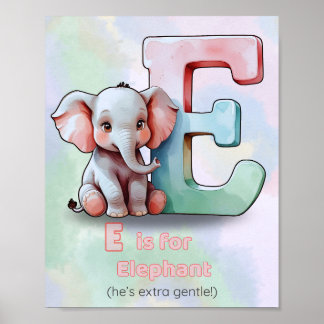 Póster E es para Elefante - Cute Alphabet Animal Nursery 
