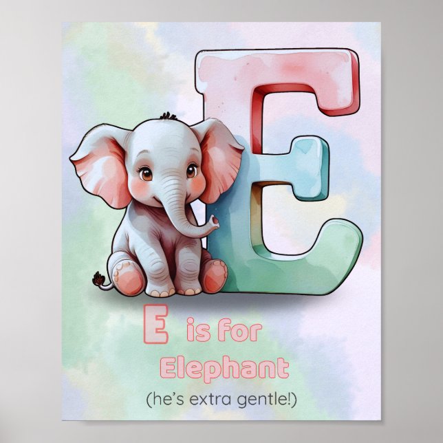 Póster E es para Elefante - Cute Alphabet Animal Nursery  (Frente)