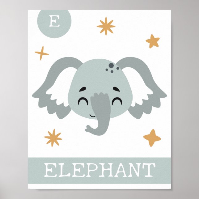 Póster E es para Elephant Nursery, Dormitorio, Kids' Wall (Frente)