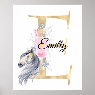 Póster E letter personalized name monogram with horse