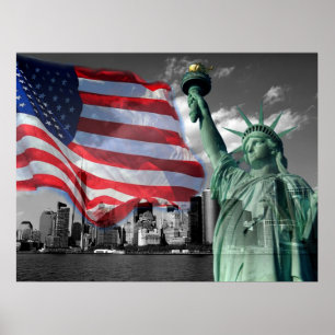 Póster E.U.A.: Dama Libertad, bandera estadounidense,