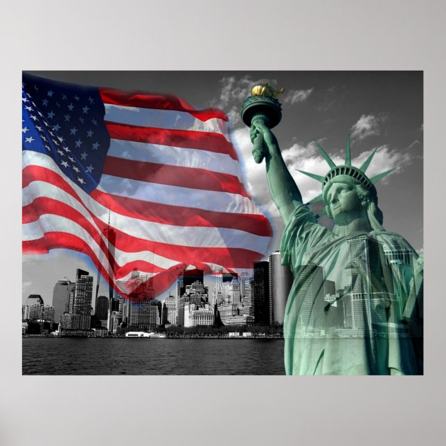Póster E.U.A.: Dama Libertad, bandera estadounidense, (Frente)
