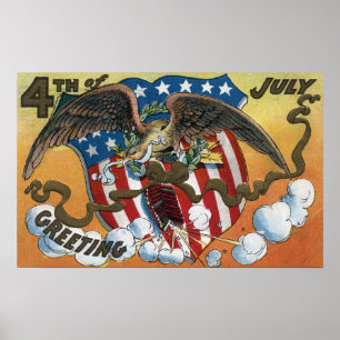Póster Eagle Emblem Holding Fireworks, Flag-Shield