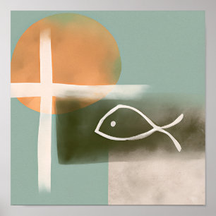Póster Earth tones cross and fish minimalist art