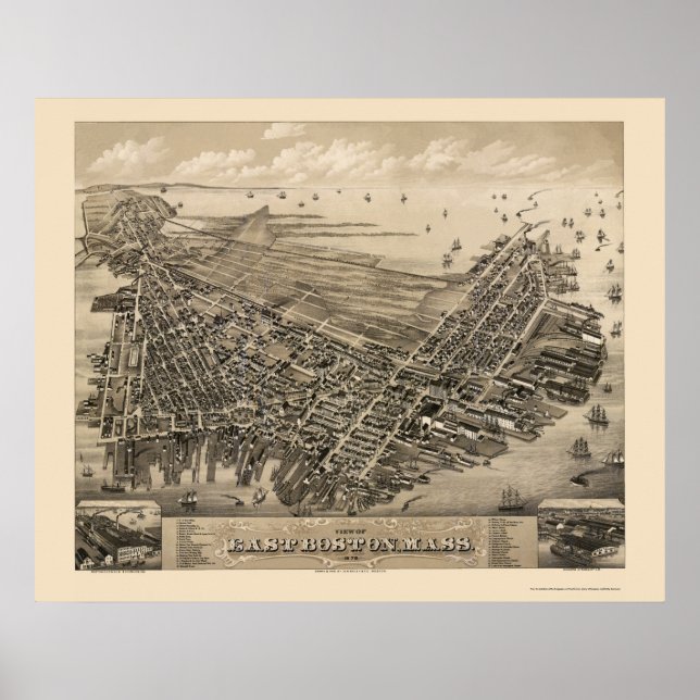 Póster East Boston, MAMÁES mapa panorámico - 1879 (Frente)
