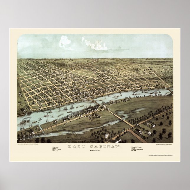 Póster East Saginaw, Mapa Panorámico de MI - 1867 (Frente)