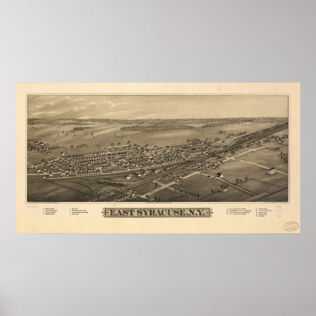 Póster East Syracuse New York 1885 Mapa Panorámico Antigu (Frente)