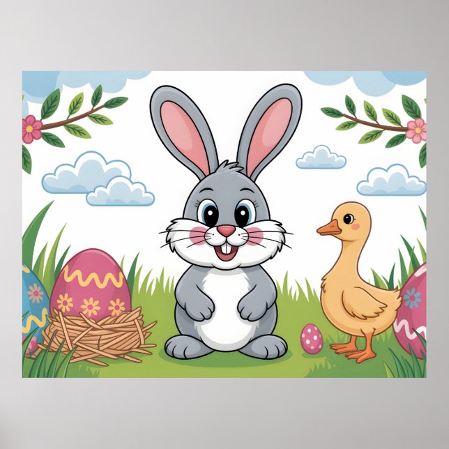 Póster Easter Bunny and Duckling in Spring Meadow (Frente)