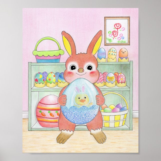 Póster Easter Bunny Colorful Eggs Cute Kids Poster (Frente)