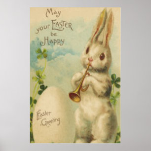 Póster Easter Bunny Egg Four Leaf Clover Trumpet