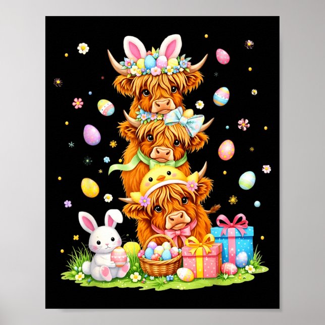 Póster Easter highland cows coquette bow bunny eggs easte (Frente)