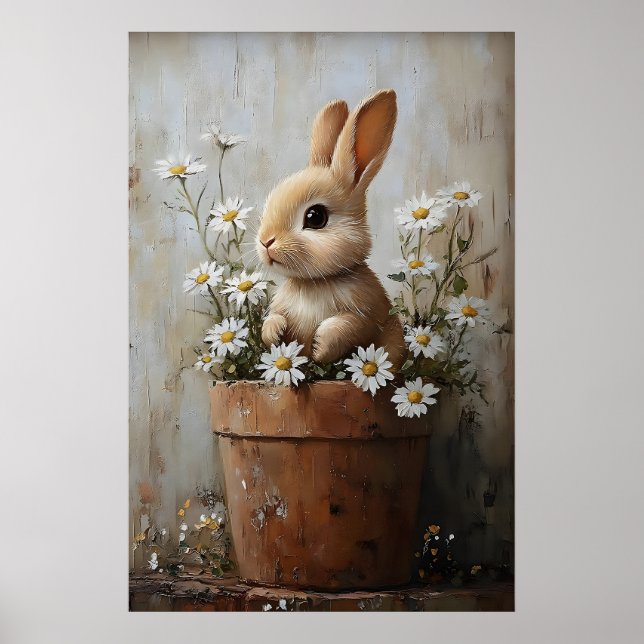 Póster Easter Rabbit Bunny In Flower Pot Print, Rustic (Frente)