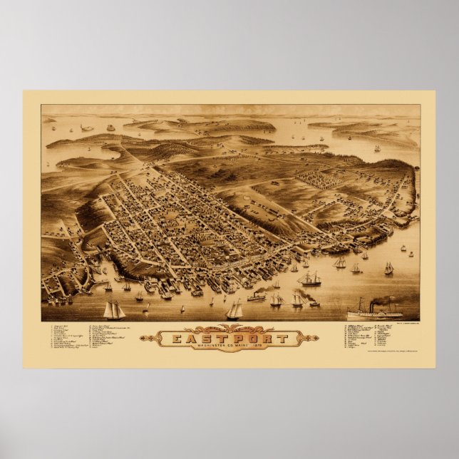 Póster Eastport, Mapa Panorámico ME - 1879 (Frente)