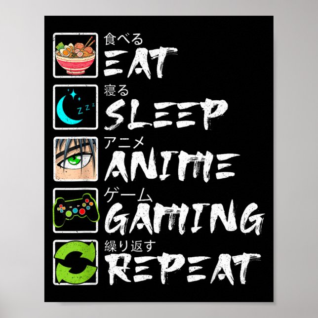 Póster Eat Sleep Anime Gaming Repeat Gamer Men Teen Boy A (Frente)