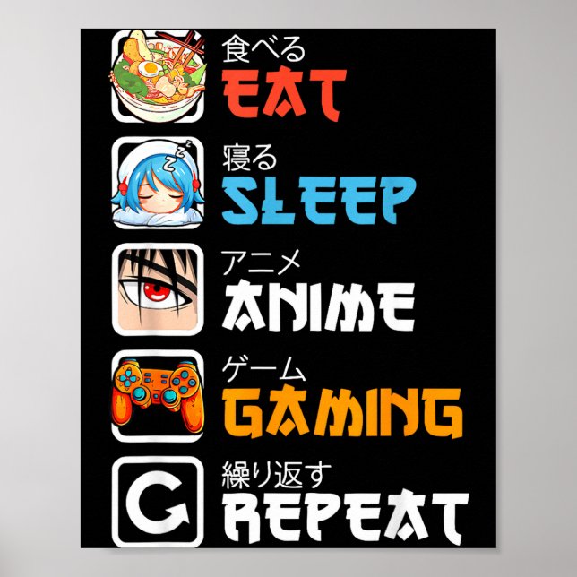 Póster Eat Sleep Anime Gaming Repeat Gamer Men Teen Boy G (Frente)