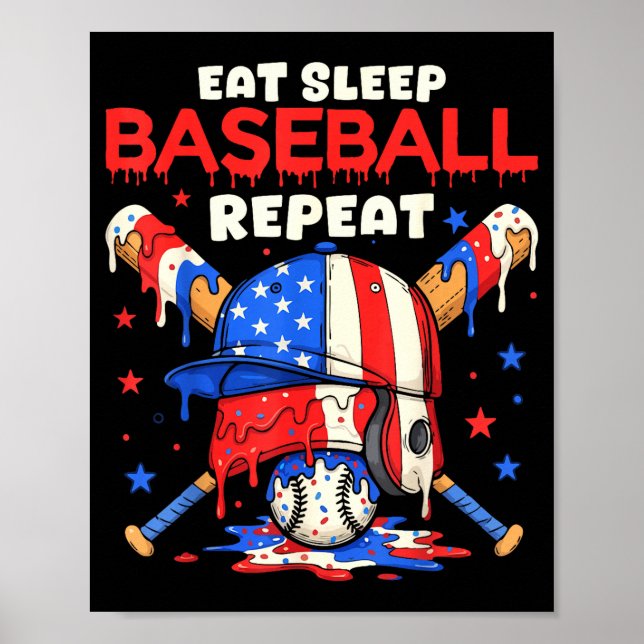 Póster Eat Sleep Baseball Repeat Funny Ice Cream Drip Cro (Frente)