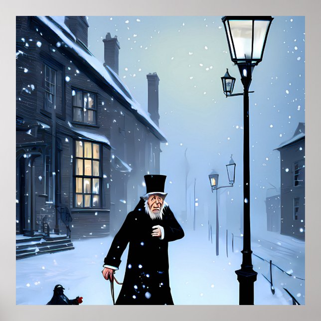 Póster Ebenezer Scrooge Snowy Victorian Street (Frente)
