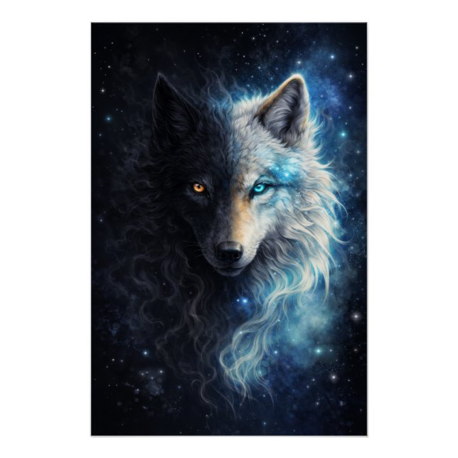 Póster Echo of Duality – Cosmic Twin Wolf | Dark & Light  (Anverso)
