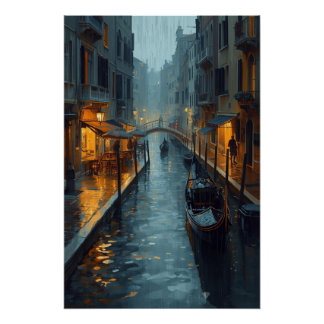 Póster Echoes in Gold – The Painted Rainy Night of Venice