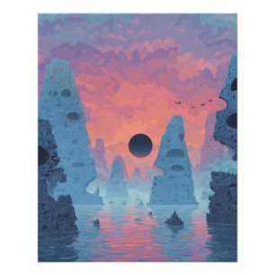 Póster Eclipse de Índigo Sobre Paisaje de Sueños de Neón