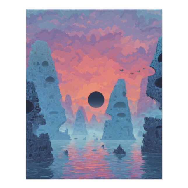 Póster Eclipse de Índigo Sobre Paisaje de Sueños de Neón (Anverso)