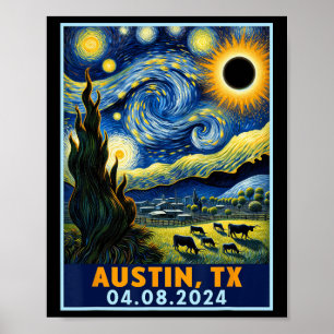 Póster Eclipse solar 2024 Austin Texas Van Gogh Starry Ni