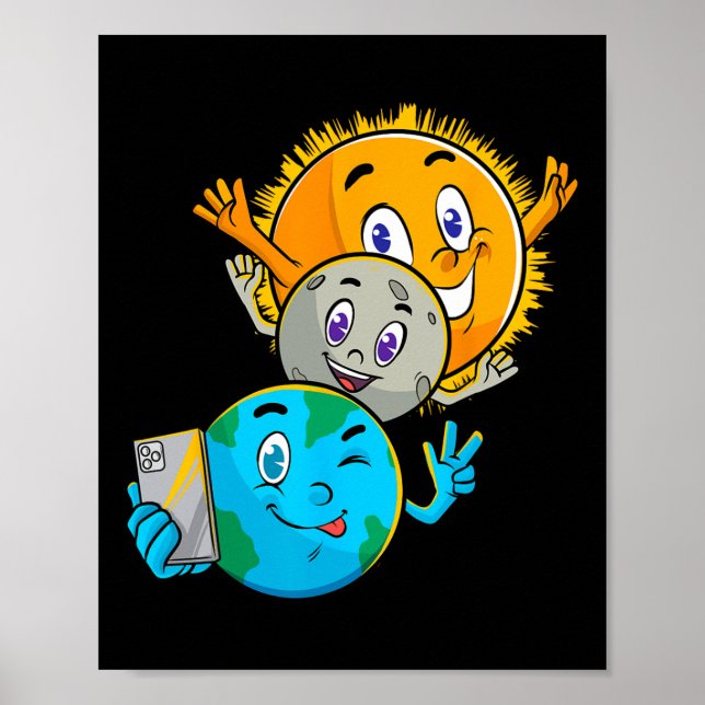 Póster Eclipse solar 2024 Funny Earth Sun Moon Selfie Spa (Frente)