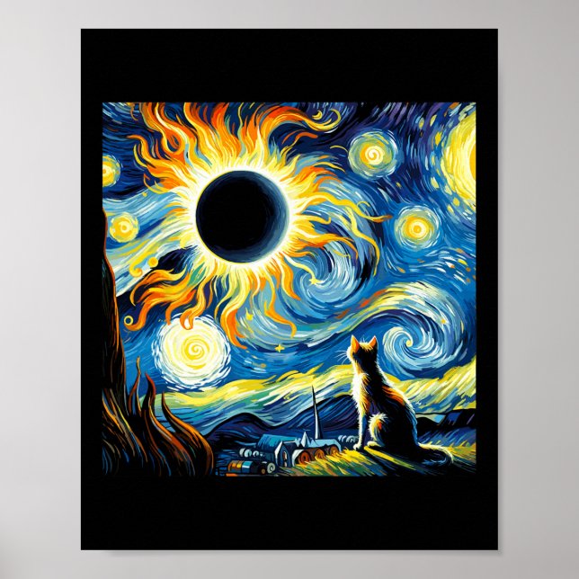 Póster Eclipse Solar Total 2024 Gato Starry De Van Gogh (Frente)