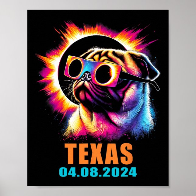 Póster Eclipse Solar Total 2024 Perro Pug Con Gles (Frente)