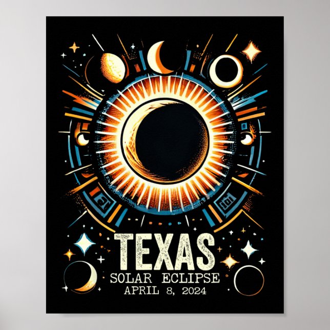 Póster Eclipse solar total 2024 Texas 8 de abril Resumen  (Frente)