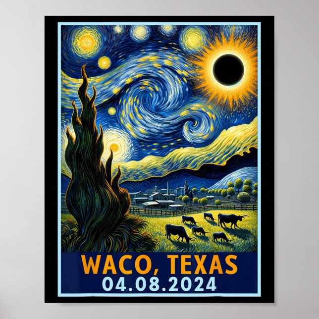 Póster Eclipse solar total 2024 Waco Texas Van Gogh Starr (Frente)