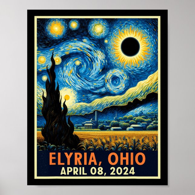 Póster Eclipse solar total de Ohio 2024 Noche estrellada  (Frente)