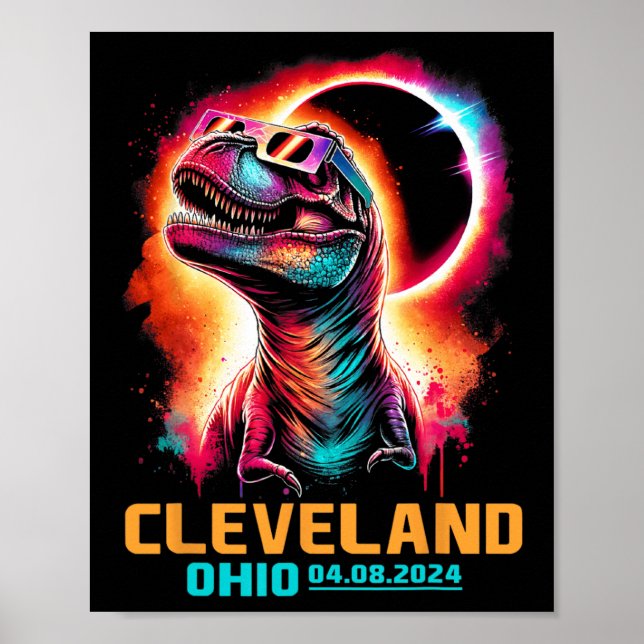 Póster Eclipse solar total de Ohio 2024 T Rex Dinosaur (Frente)