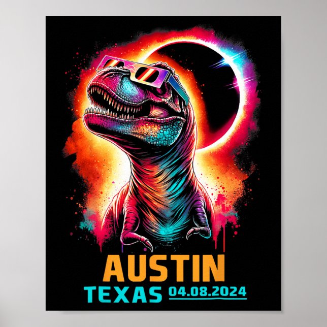 Póster Eclipse solar total de Texas 2024 T Rex Dinosaur (Frente)