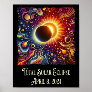 Póster Eclipse total 2024 Retro Groovy 60's 70's Vibe