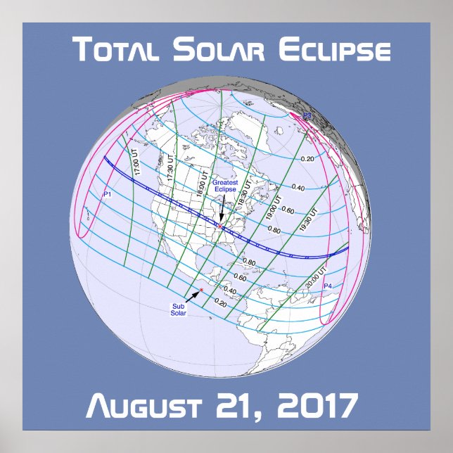 Póster Eclipse Total de Sol 2017 Ruta Global (Frente)