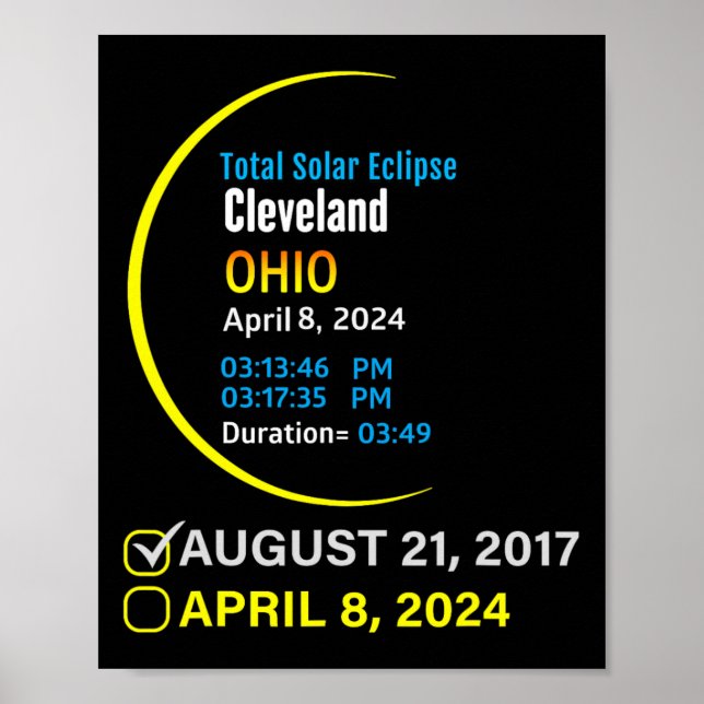 Póster Eclipse Total de Sol 8 de Abril de 2024 Ohio Cleve (Frente)