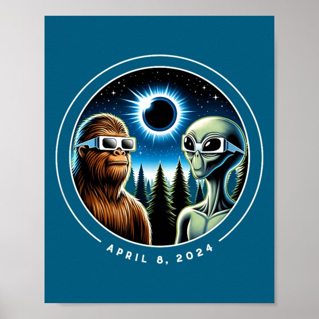 Póster Eclipse Total Solar 2024 Divertido Bigfoot Alien A (Frente)