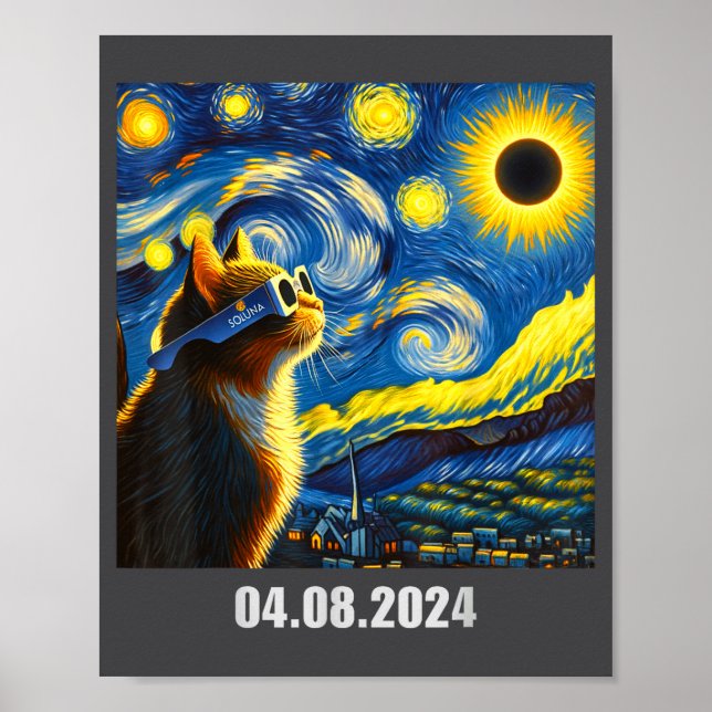 Póster Eclipse Total Solar 2024 Gato Divertido En Soluna  (Frente)