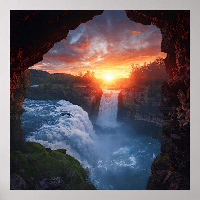 Póster Ecos de las cataratas - Cascada al atardecer enmar (Frente)